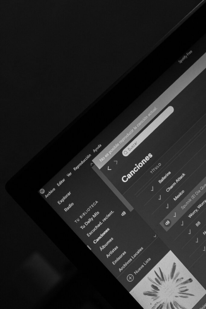 Black and white image of a close-up music playlist interface on a laptop screen.